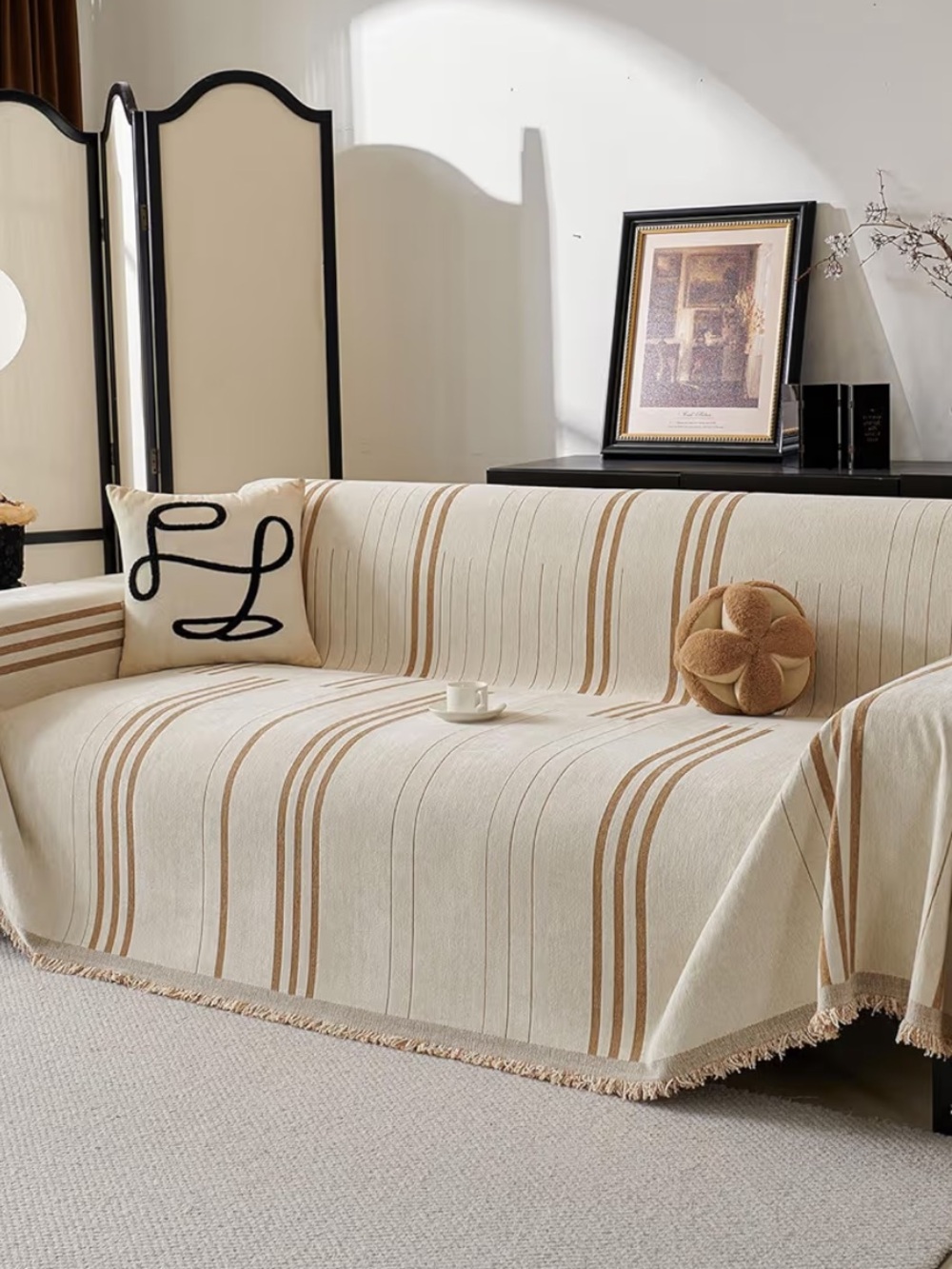 Beige and Tan Striped Sofa Throw Cover